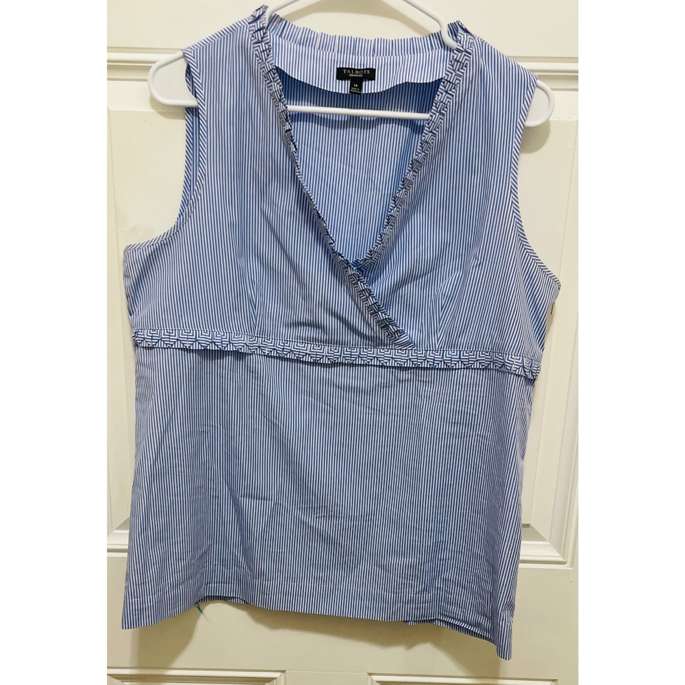 Talbots Striped Sleeveless Top Ruffle‎ Trim V-Neck Blouse Blue White Size 14
